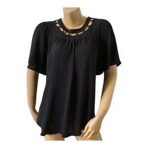 ANN TAYLOR Womens Size Small Black Flare Sleeve Cut Out Neck Sheer Blouse Shirt